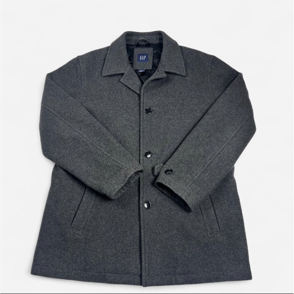 Gap Wool Blend Overcoat Mens Large Charcoal Grey Quilted Lining Single Breasted
